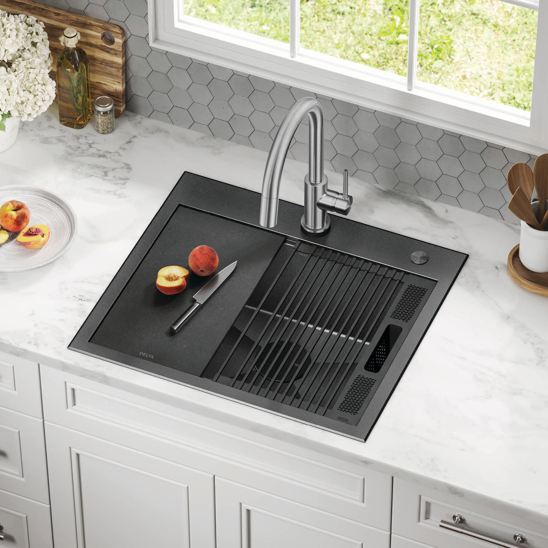 25” Drop-In Top Mount 16 Gauge Workstation Kitchen Sink Single Bowl with WorkFlow™ Ledge and Accessories, image 12